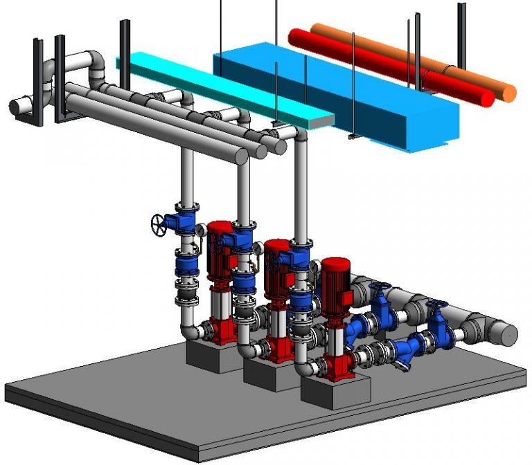 水泵房全套完整设备、阀门、附件、支吊架套装Revit族库，1:1自适应族库，BIM模型族库
