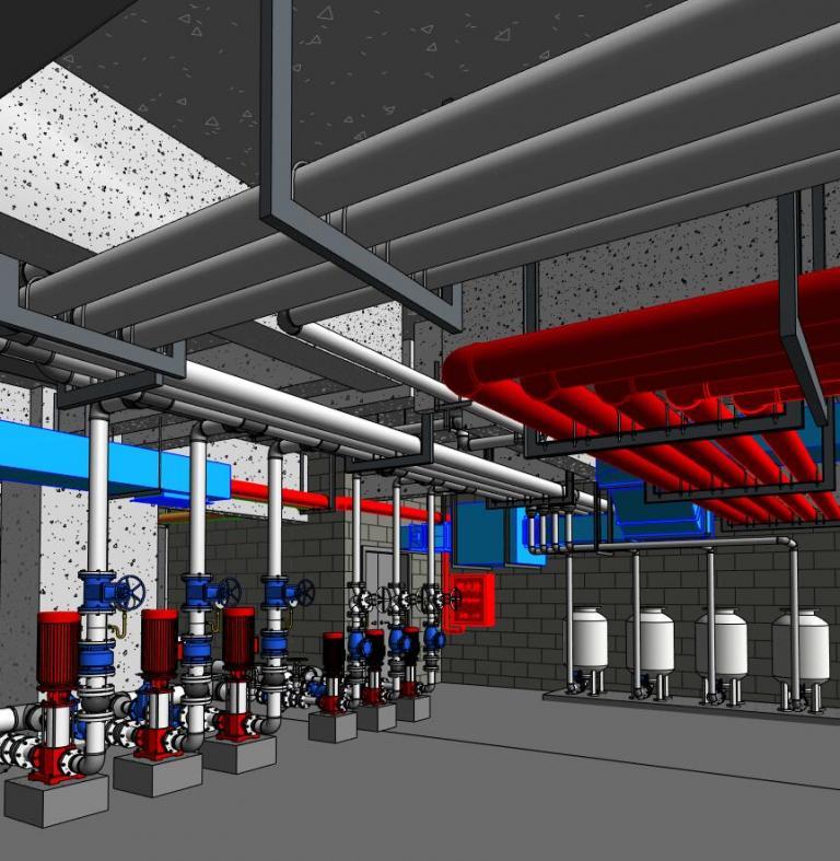 水泵房全套完整设备、阀门、附件、支吊架套装Revit族库，1:1自适应族库，BIM模型
