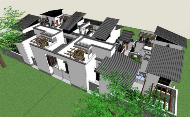 Sketchup别墅模型|双拼别墅,中式风格 Sketchup别墅模型|双拼别墅,中式风格