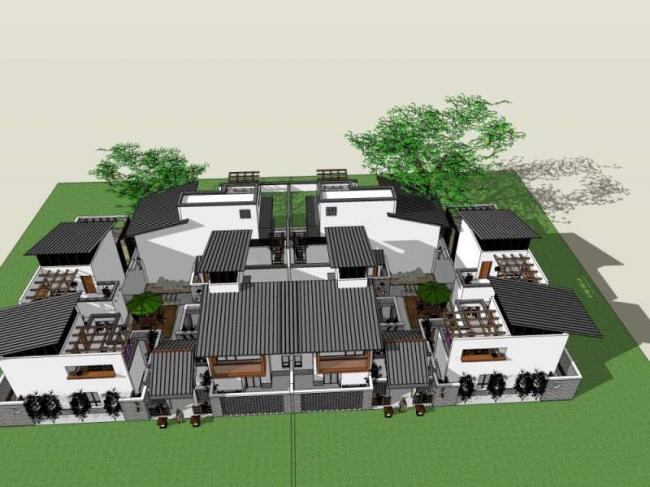 Sketchup别墅模型|双拼别墅,中式风格 Sketchup别墅模型|双拼别墅,中式风格