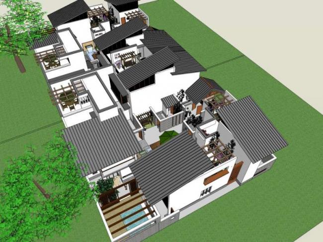 Sketchup别墅模型|双拼别墅,中式风格 Sketchup别墅模型|双拼别墅,中式风格