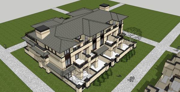 Sketchup别墅模型|双拼别墅,古典风格 Sketchup别墅模型|双拼别墅,古典风格