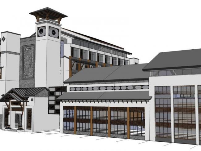 Sketchup办公模型|多层办公楼群,中式风格 Sketchup办公模型|多层办公楼群,中式风格