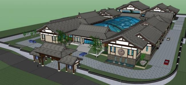 Sketchup办公模型|低层办公楼群,中式风格 Sketchup办公模型|低层办公楼群,中式风格