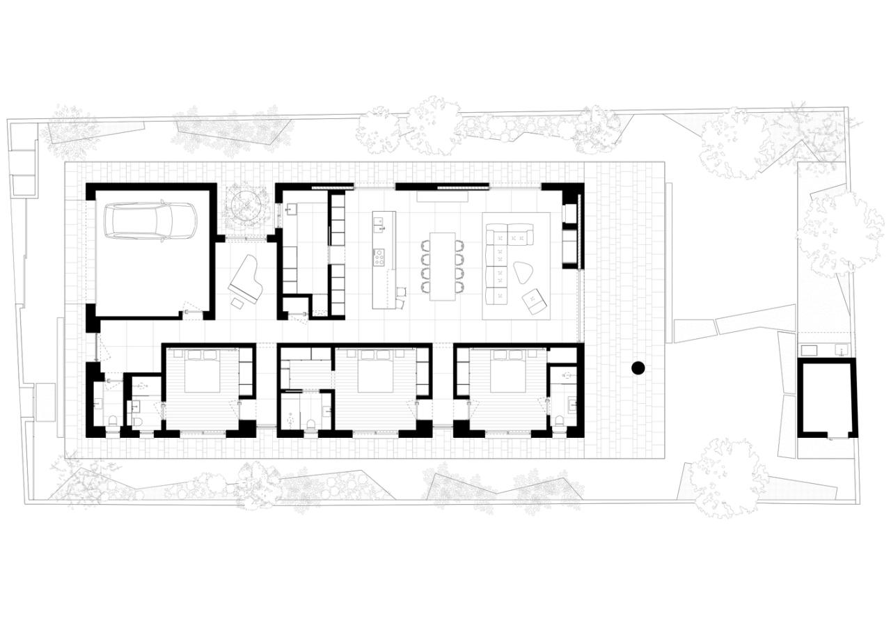 雕塑般裸露混凝土贯穿整个狭长矩形的平房设计 雕塑般裸露混凝土贯穿整个狭长矩形的平房设计